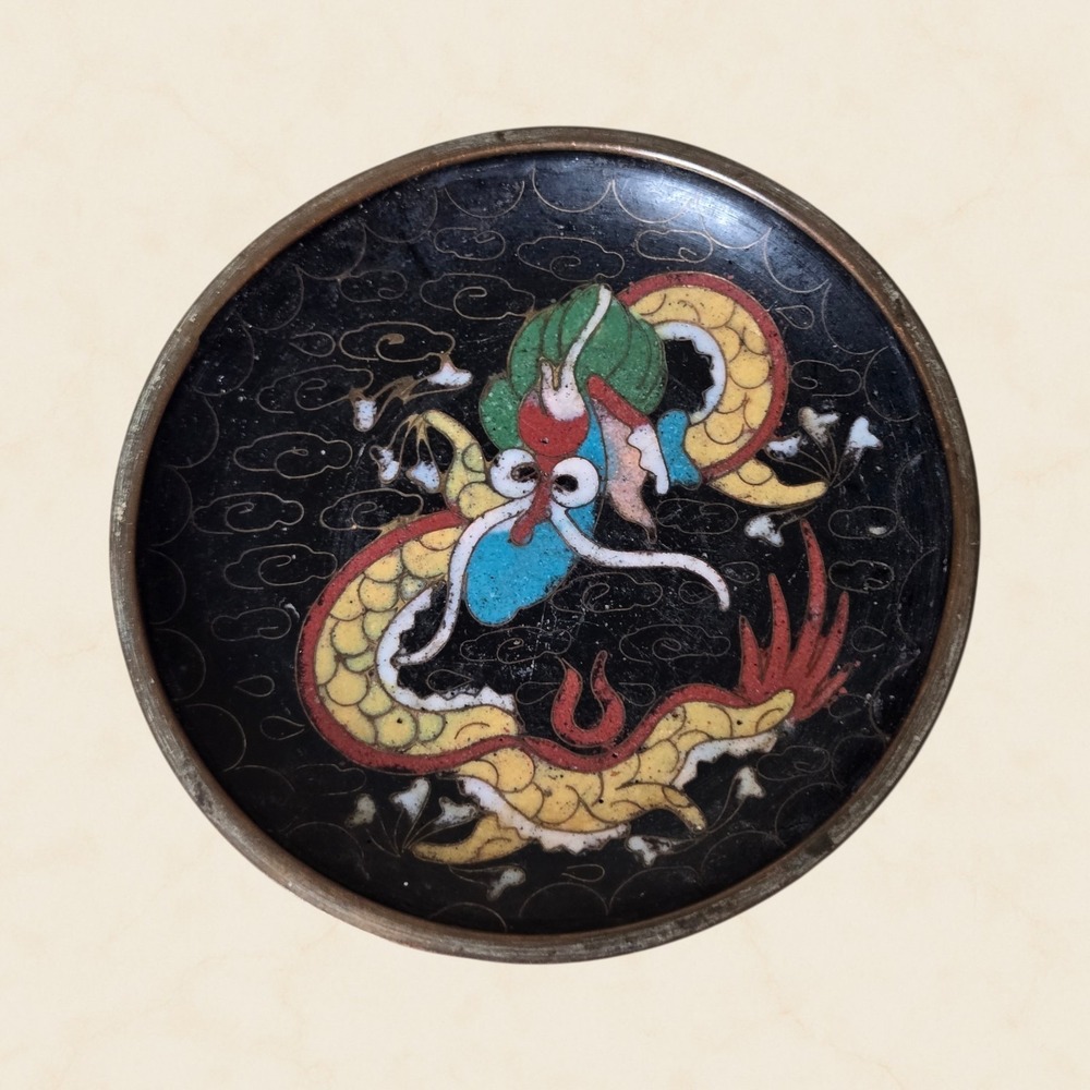 Old Chinese Cloisonne Dragon Enamel Hand Painted Brass Metal 3" Trinket Dish